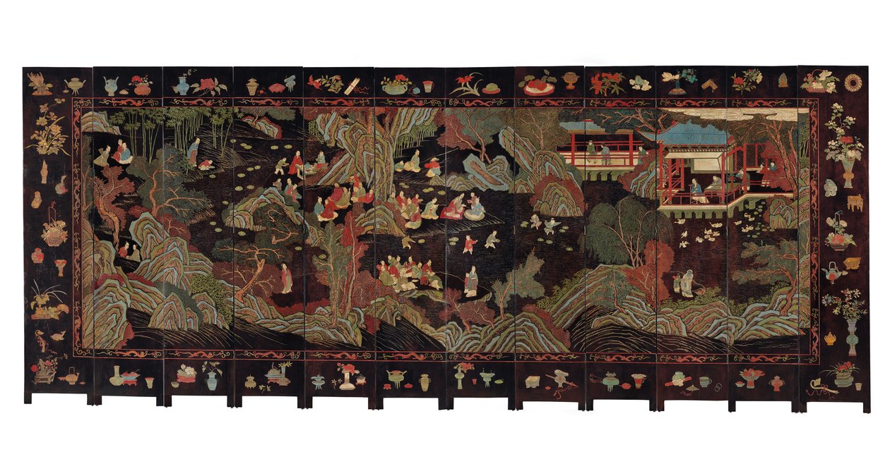 Tolvfaldig coromandelskärm, 1700-tal av Qing Dynasty Chinese School