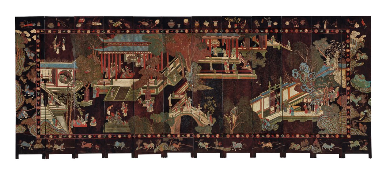 Tolvfaldig coromandelskärm, 1700-tal av Qing Dynasty Chinese School