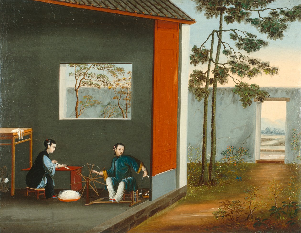 Två kvinnor som snurrar, ca 1800 (olja på duk) av Qing Dynasty Chinese School