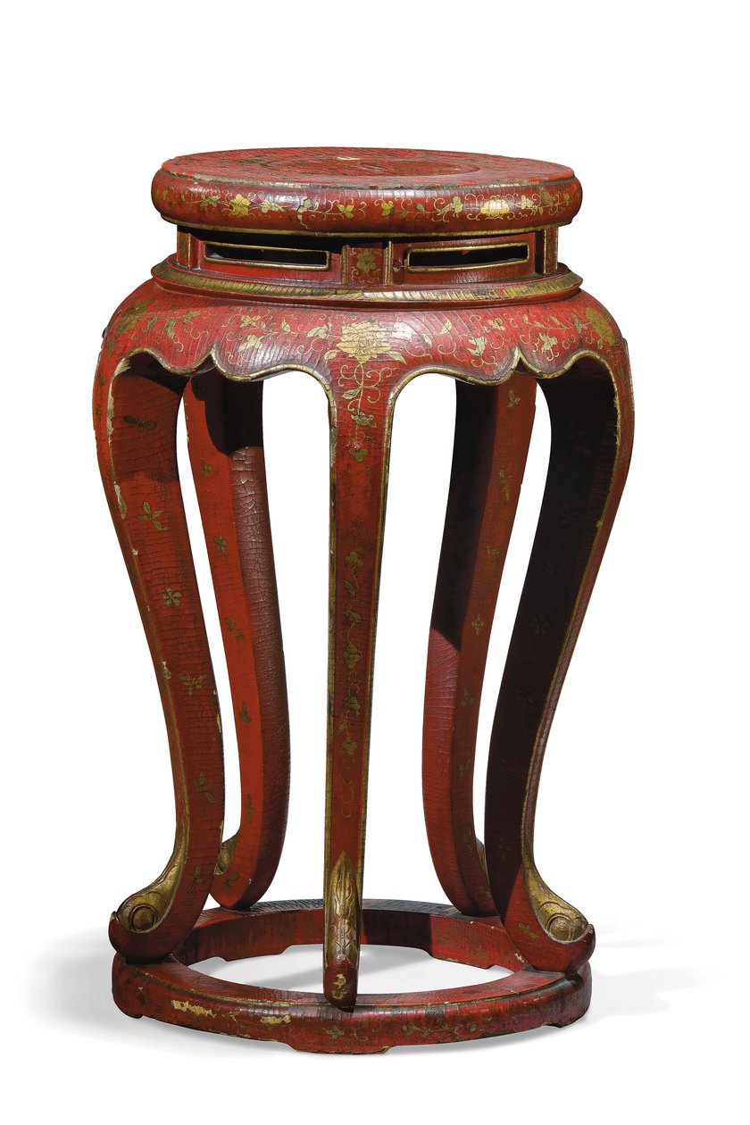 Jardinière (lackerad i rött med guld, brun & grön detalj) av Qing Dynasty Chinese School