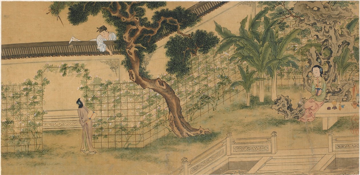 Scen från pjäsen Romance of the West Chamber, av Wang Shifu, 1500-talet. av Qiu Ying