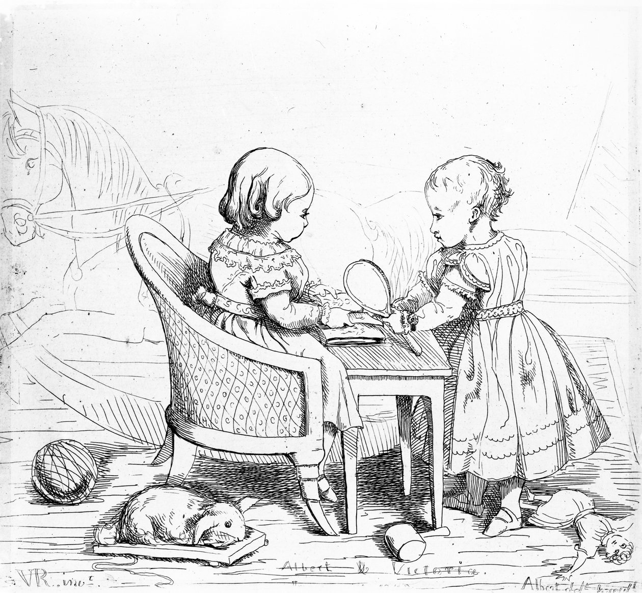Albert, Prince of Wales and Victoria, The Princess Royal, graverad av Prince Albert, ca 1843 av Queen Victoria