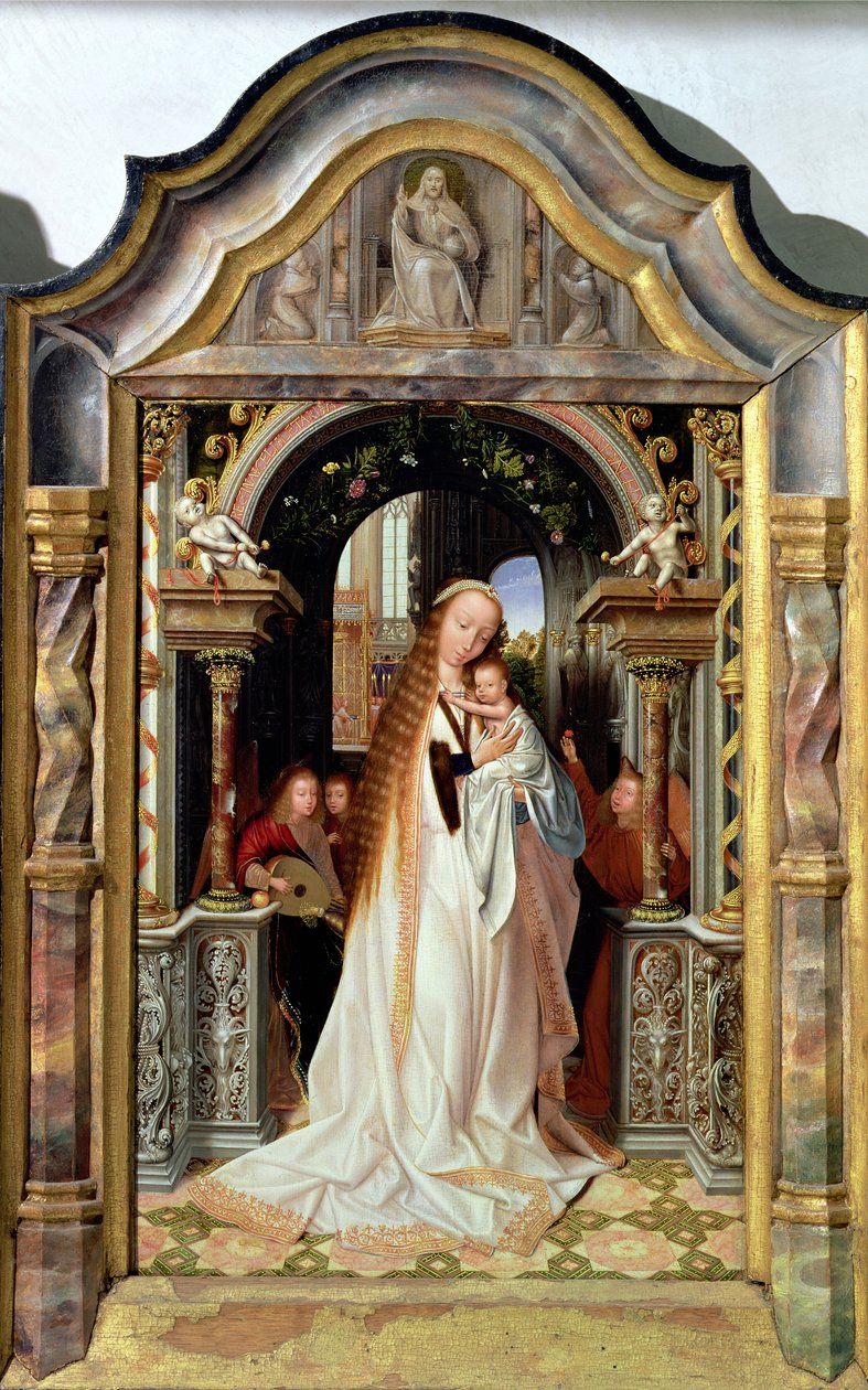 Jungfru och barn med tre änglar, central panel i en triptyk, ca 1509 av Quentin Massys or Metsys