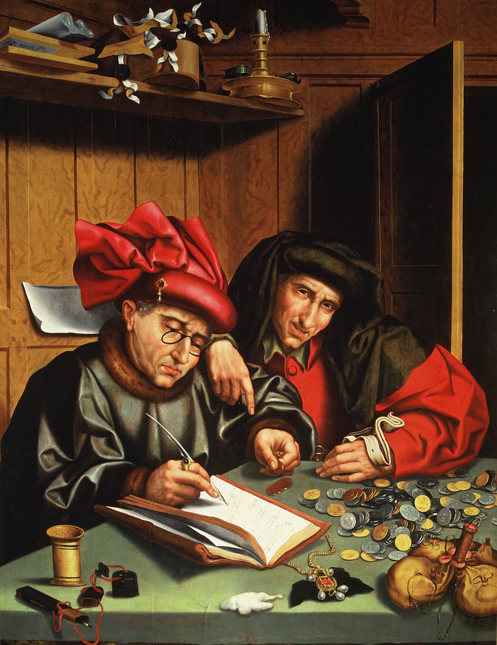 The Money Lenders (olja på ekpanel) av Quentin (attr. to) Massys or Metsys