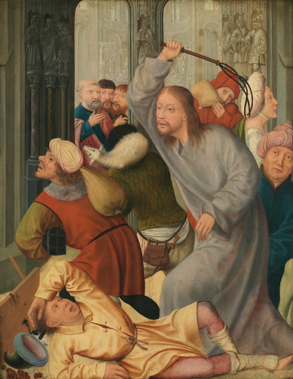 Kristus driver växlarna från templet (olja på panel) av Quentin Massys or Matsys