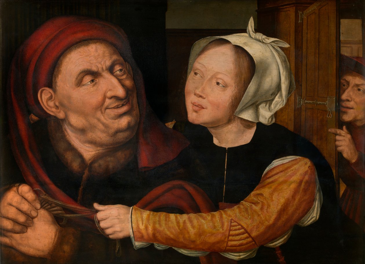 Illa matchade älskare (olja på panel) av Quentin Massys or Matsys