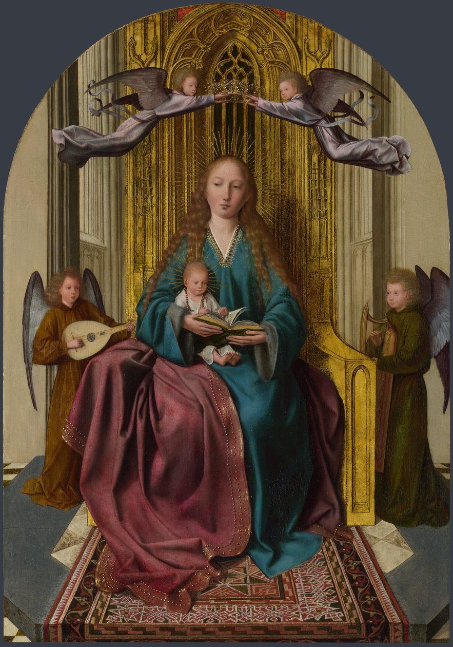 Jungfrun och barnet på tronen, med fyra änglar, ca. 1495 av Quentin Massys or Metsys