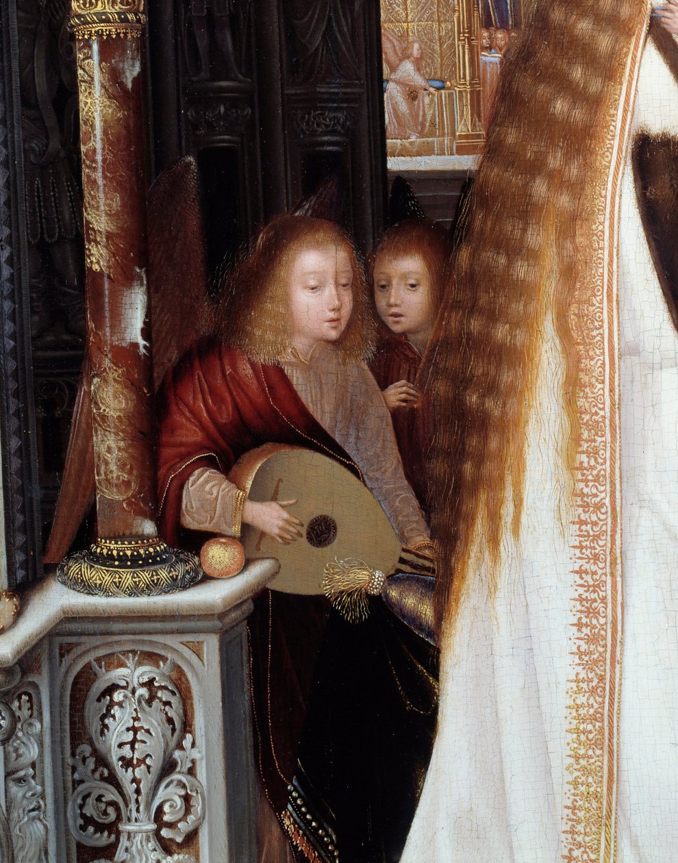 Jungfru och barn med tre änglar målning av Quentin Metsys (1466-1530) av Quentin Massys or Metsys