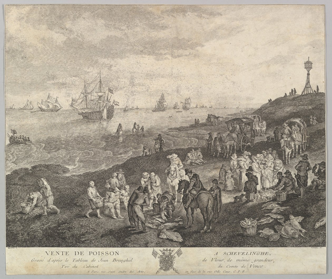 Säljer fisk på Scheveningen Vente de Poisson a Schevelinghe [sic] efter målningen i.... av Quentin Pierre Chedel