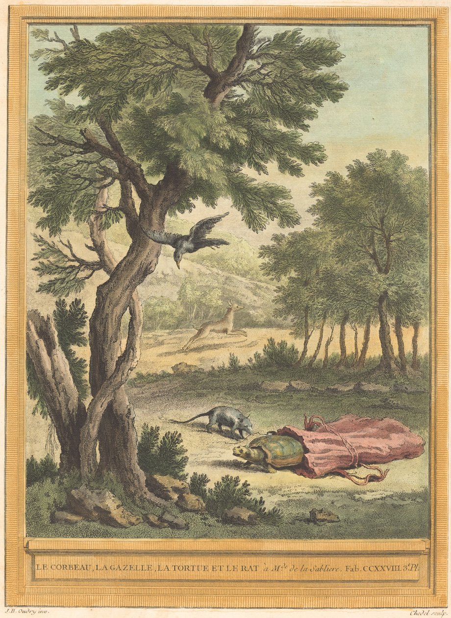Kråkan, Gasellen, Sköldpaddan och Råttan (Kråkan, Gasellen, Sköldpaddan och av Quentin Pierre Chedel after Jean Baptiste Oudry