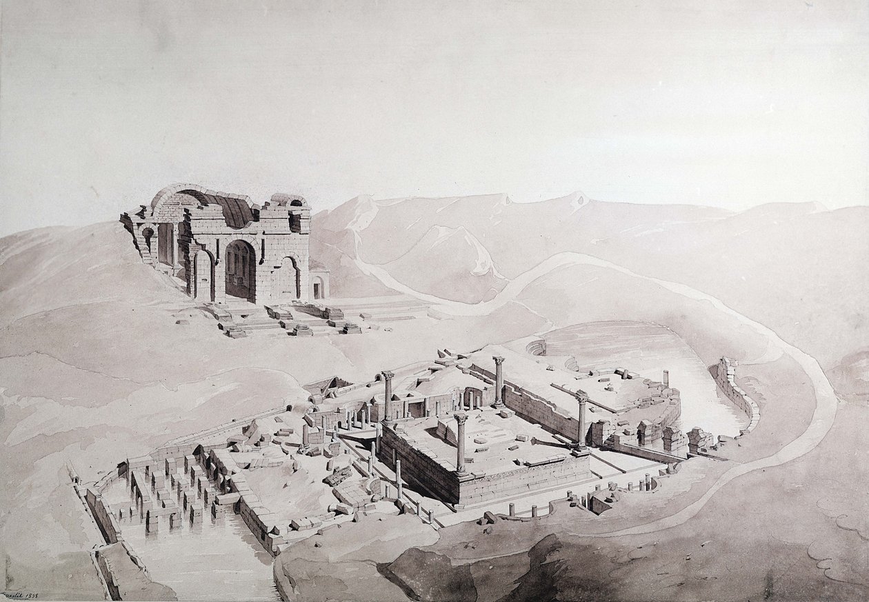Thermae och Nymphaeum i Nimes, 1838 (tvätt på papper) av Questel