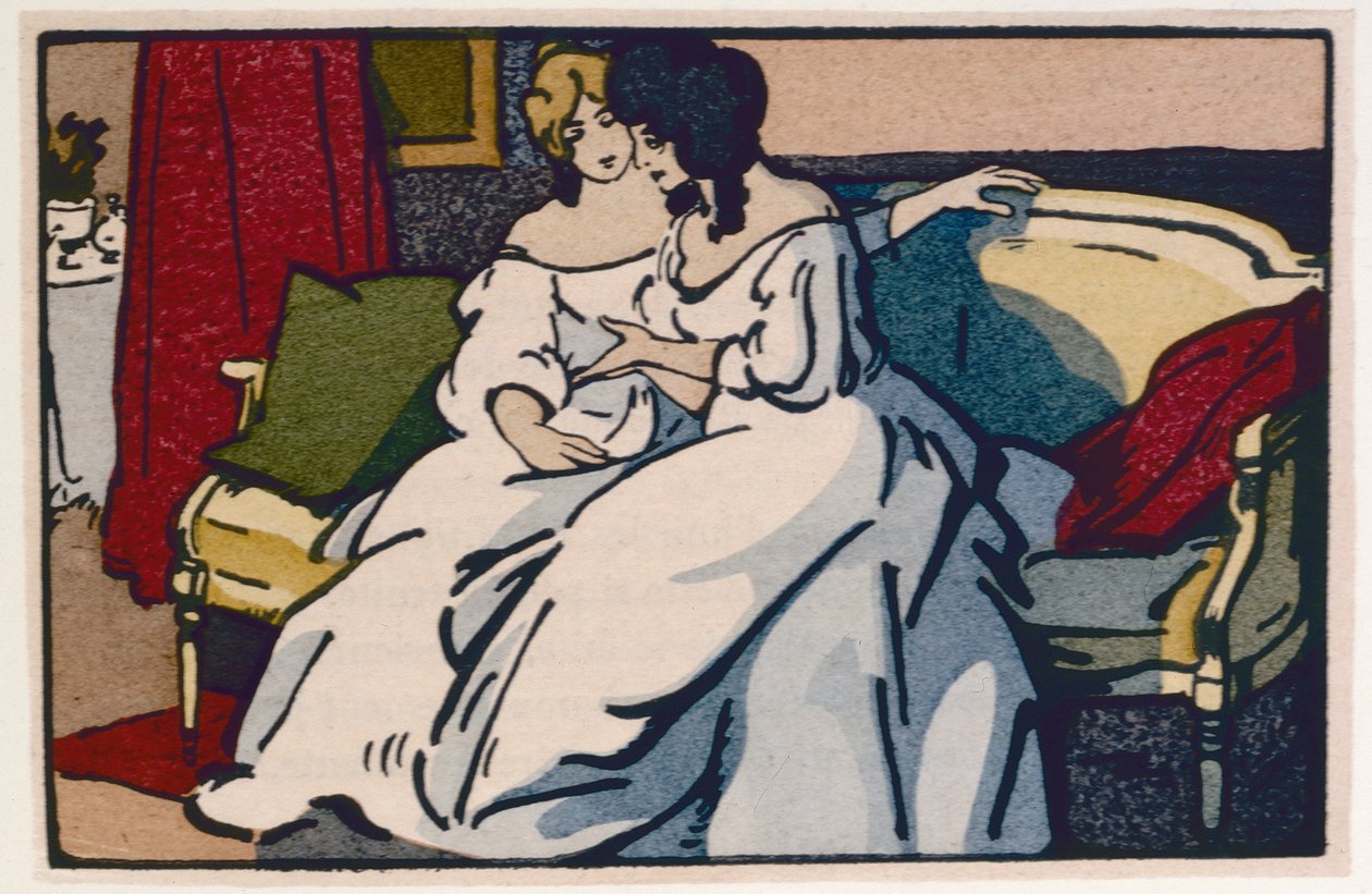 Hertiginnan de Langeais besöker vicomtesse de Beauseant, illustration från "Le Pere Goriot" av Honore de Balzac, publicerad 1922 av Quint