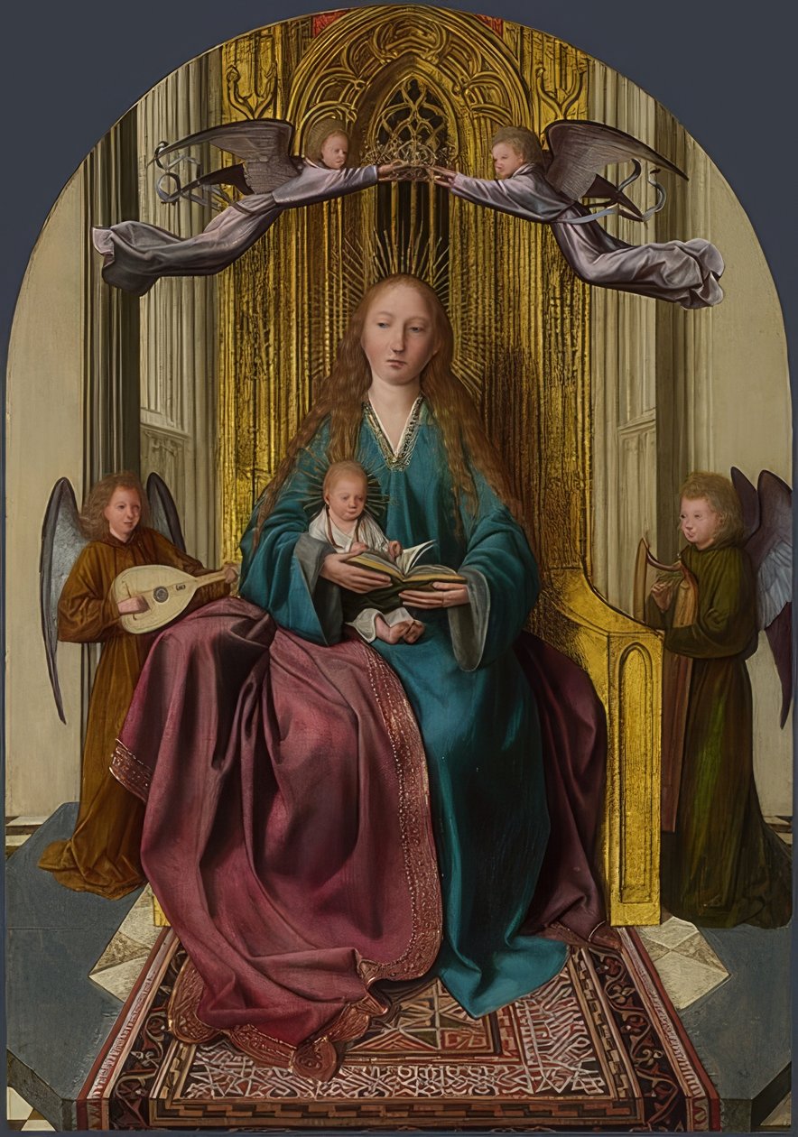 Madonna tronade med barn och fyra änglar. Omkring 1506-09 av Quinten Massys