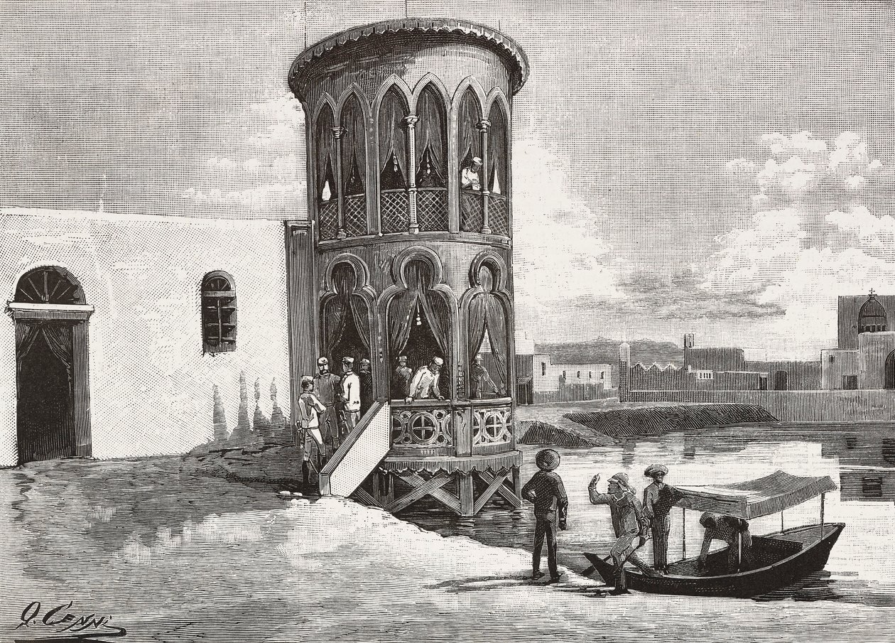 Ett moriskt litet torn som är värd för de italienska officerarnas klubb, Massawa, Eritrea, gravyr från en teckning av Quinto Cenni och en skiss av Pieragostini, från L