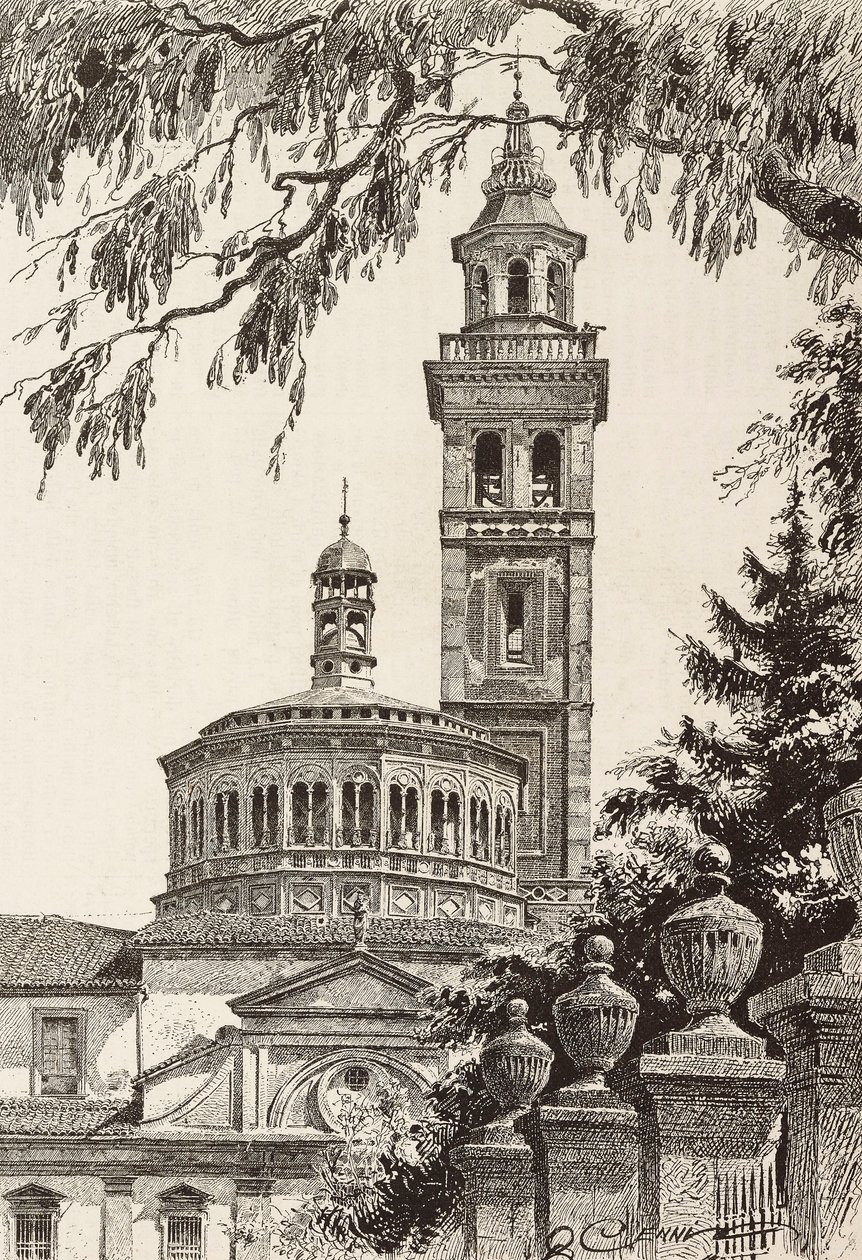 Beata Vergine dei Miracoli Sanctuary, Saronno, Italien, gravyr från en teckning av Quinto Cenni, från L