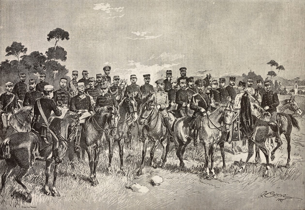 Utländska arméofficerare besöker italienska soldater i Lombardiet, Italien, gravering från en teckning av Quinto Cenni, från L