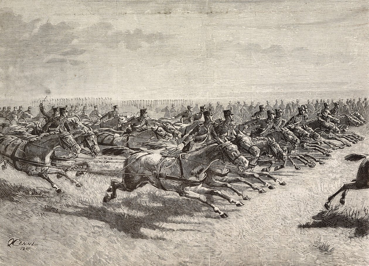Den italienska arméns hästartilleri passerar i full galopp, Lombardiet, Italien, gravyr från en teckning av Quinto Cenni, från L