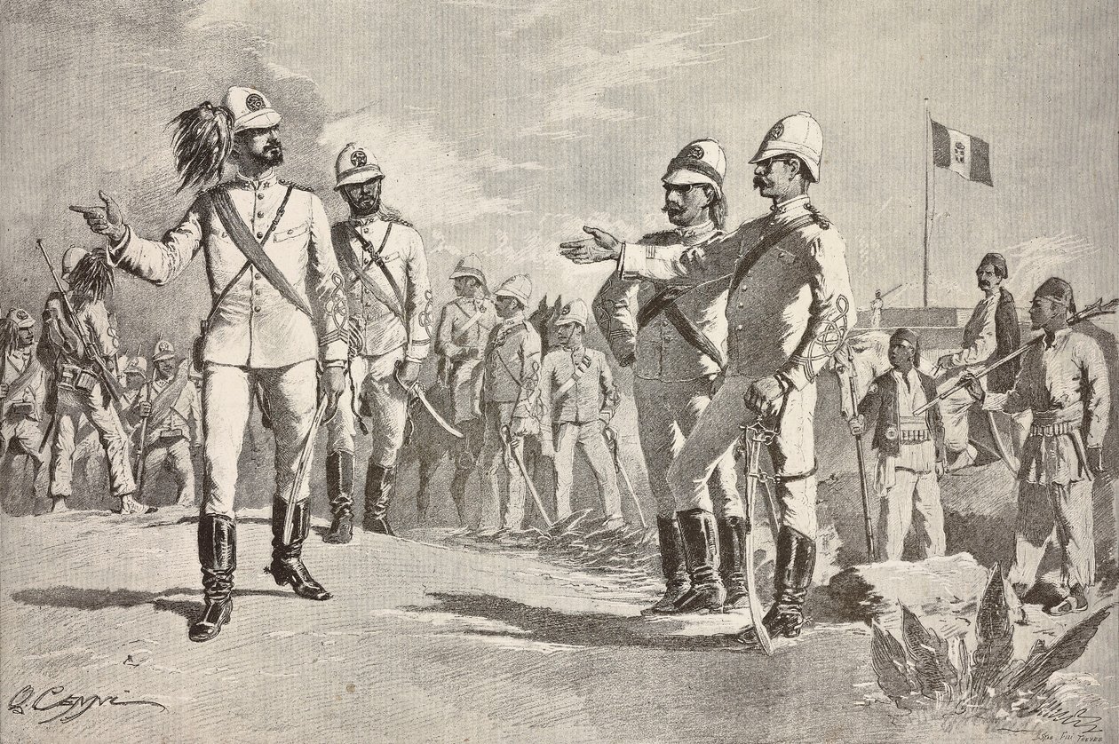 Italienska och lokala soldater, i uniformer från den italienska armén i Afrika, Massawa, Eritrea, gravyr från en teckning av Quinto Cenni, från L