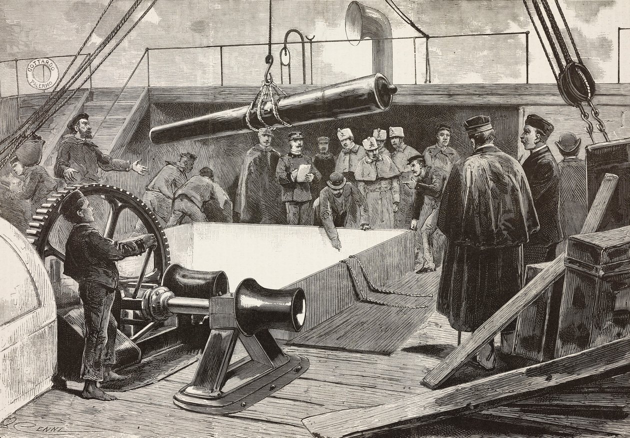Italienska sjömän och officerare sätter skeppet Gottardo, italiensk expedition i Röda havet, Palermo, Italien, gravyr från teckning av Quinto Cenni och skiss av Dante Paolocci, från L