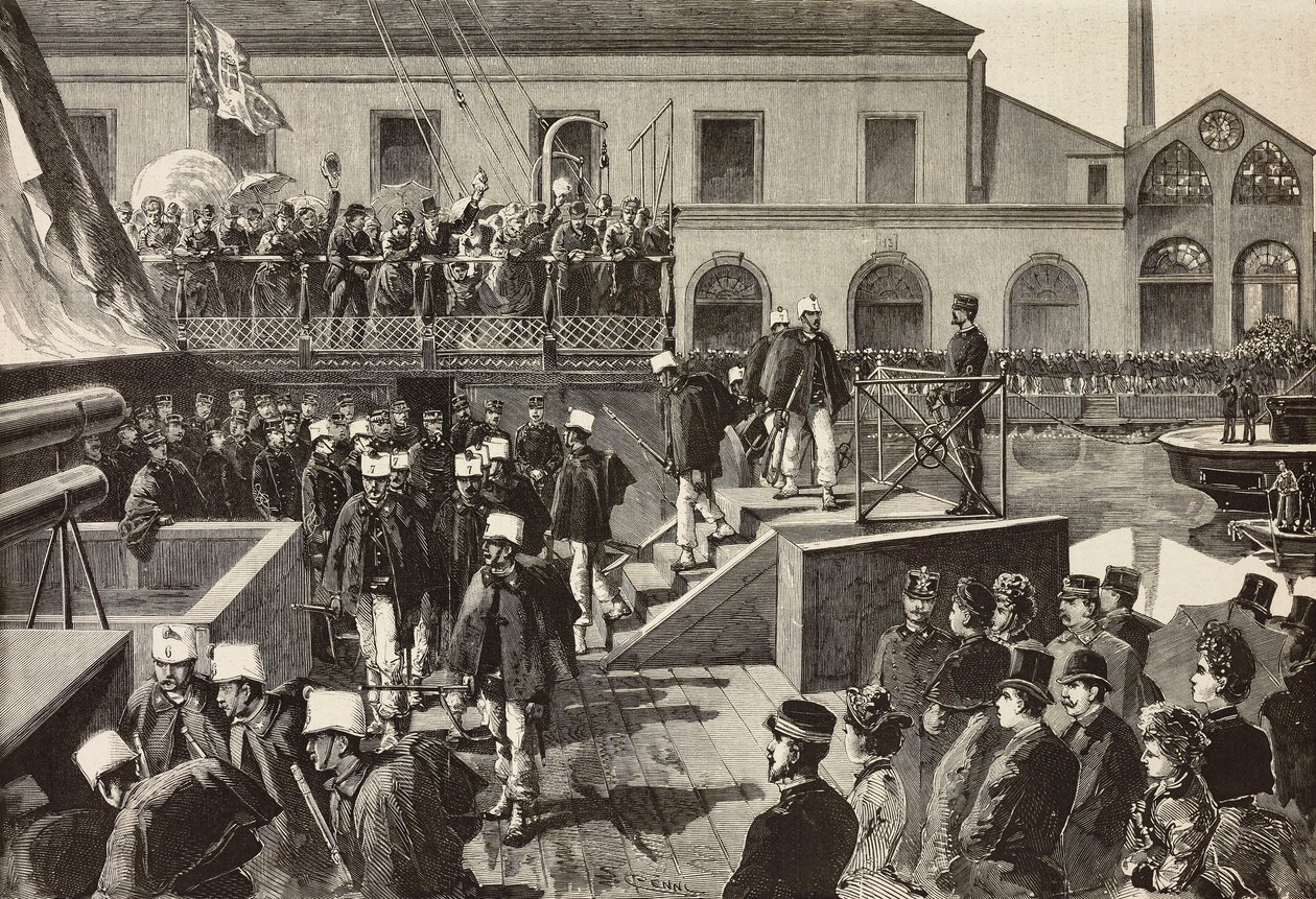 Italienska soldater går ombord på skeppet Washington, Neapel, Italien, tredje italienska expeditionen i Röda havet, gravyr från teckning av Quinto Cenni och skiss av M Del Don, från L