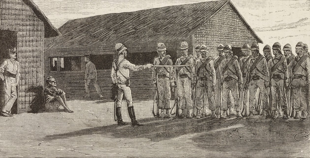 Italienska soldater som står i formation, Massawa, Eritrea, gravyr från en teckning av Quinto Cenni och en skiss av Pieragostini, från L