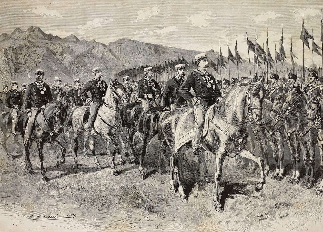 Kung Umberto I inspekterar Florens lanser, med general Martin di Montu bakom sig, 28 september, kavalleriövningar i Pordenone, Italien, gravyr från teckning av Quinto Cenni, från L