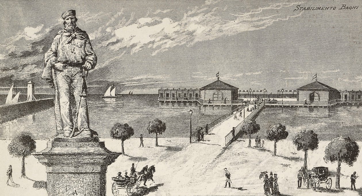 Monument till minne av Giuseppe Garibaldi (1807-1882), italiensk politiker och patriot, och badanläggning i bakgrunden, Cesenatico, Italien av Quinto Cenni
