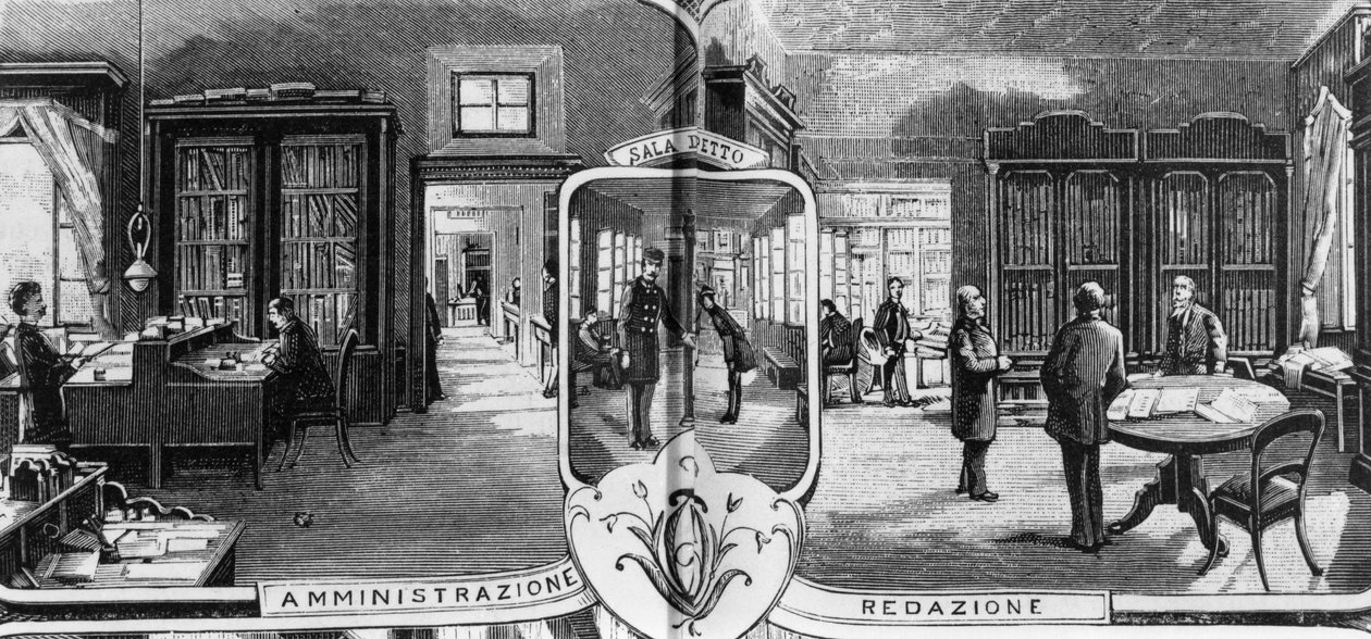 Treves bröders kontor, redigerings- och administrationspersonal, Milano, Italien, illustration av Quinto Cenni (1845-1917) från L