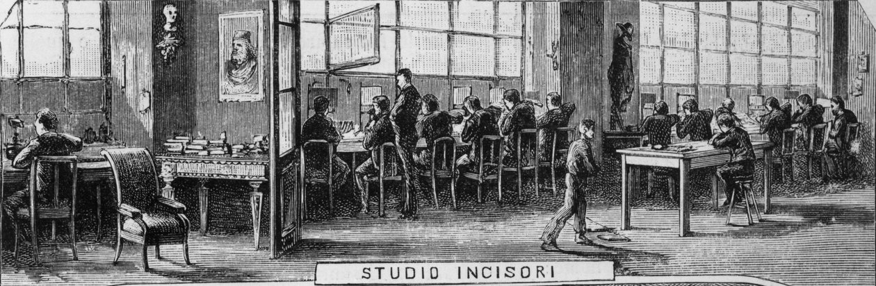 Treves bröders kontor, gravörsavdelningen, Milano, Italien, illustration av Quinto Cenni (1845-1917) från L