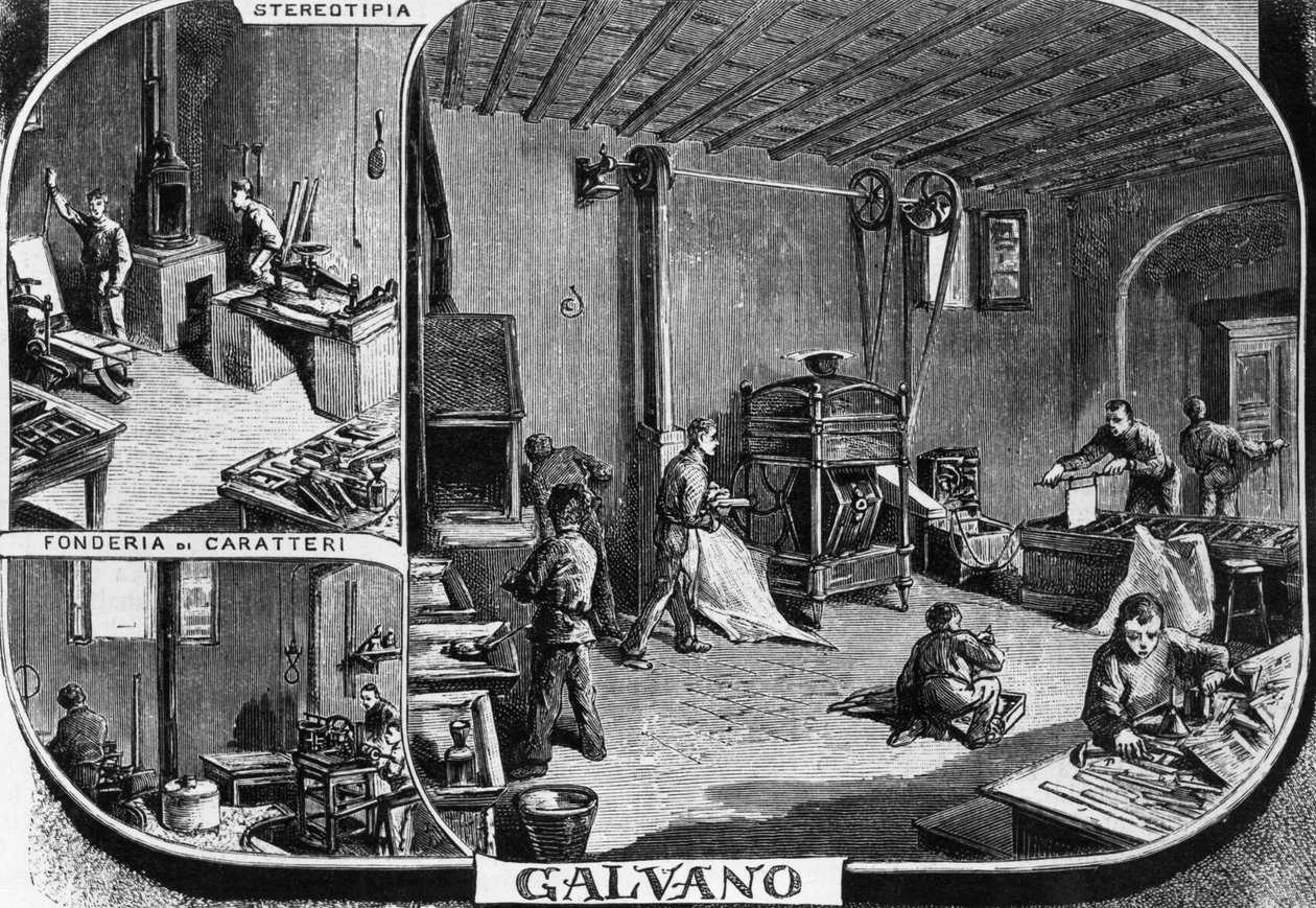 Treves bröders kontor, avdelning för typsnittsgjutning och stereotyptryck, Milano, Italien, illustration av Quinto Cenni (1845-1917) från L