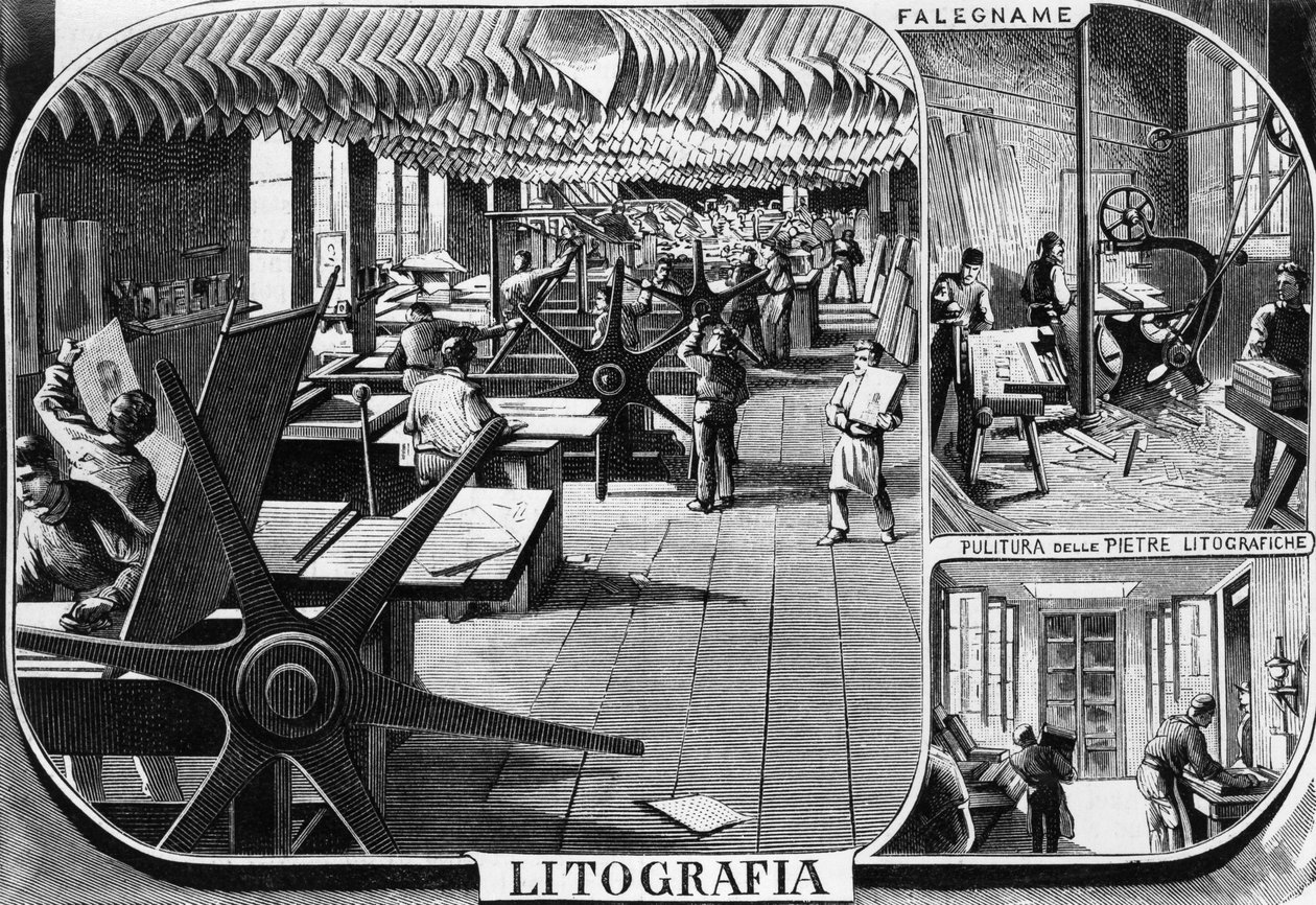 Treves bröders kontor, litografiavdelningen, Milano, Italien, illustration av Quinto Cenni (1845-1917) från L