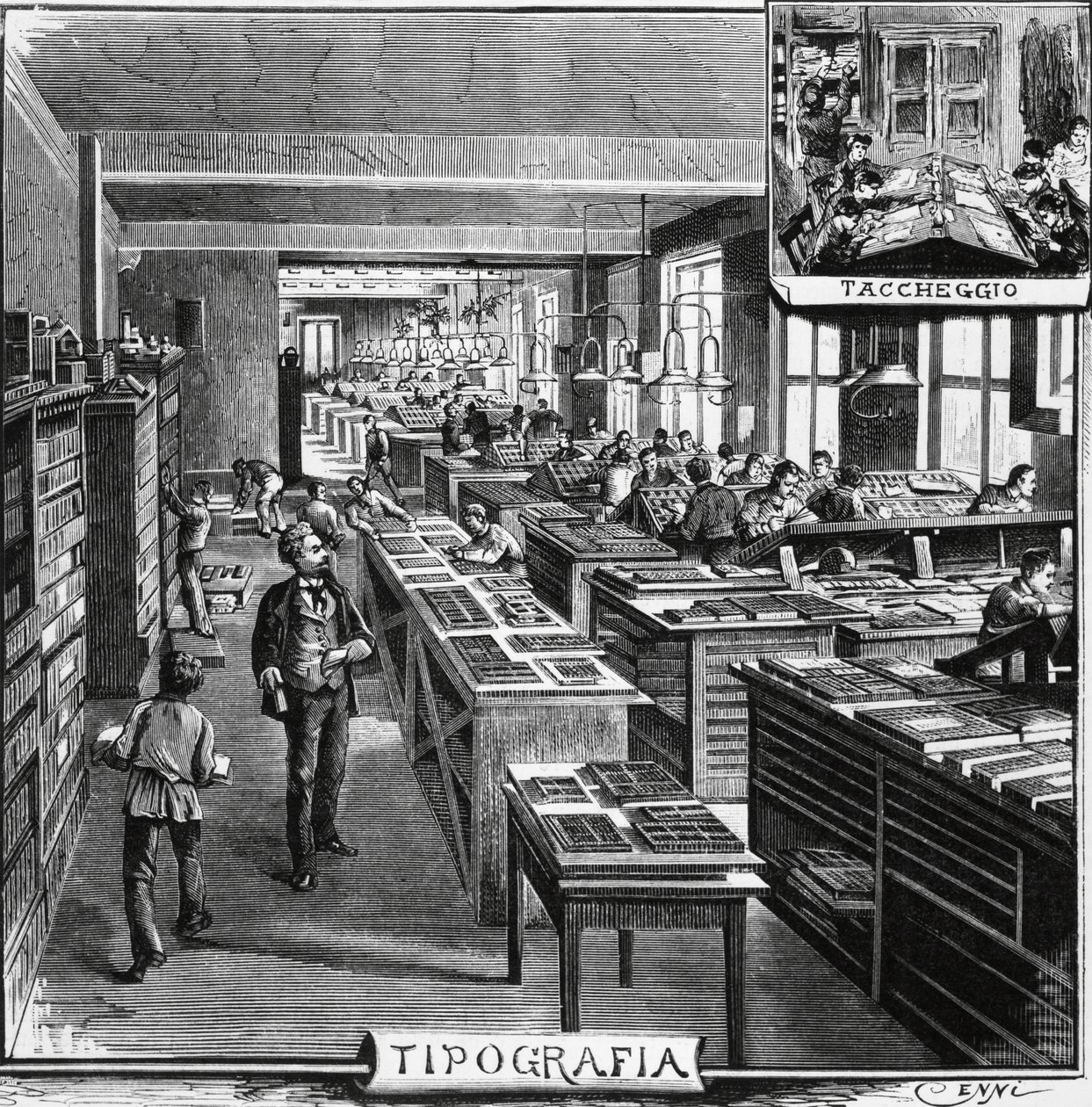 Treves bröders kontor, typografi och överlagring, Milano, Italien, illustration av Quinto Cenni (1845-1917) från L
