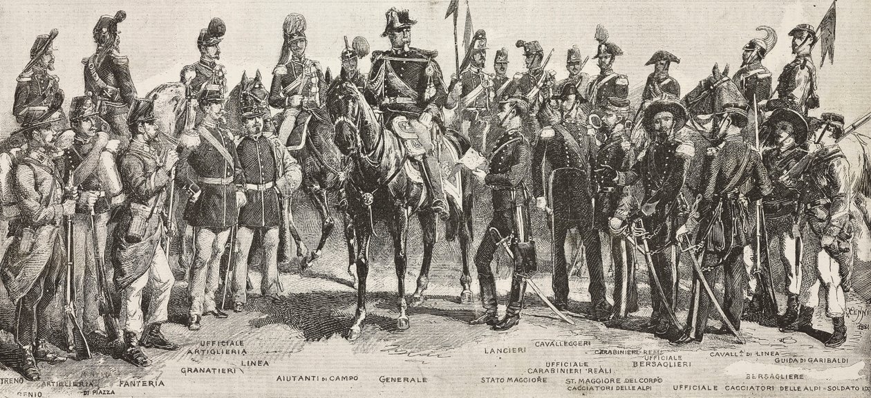 Piemontesiska armén 1859: infanterister, artillerister, ingenjörer, grenadjärer, officerare, generaler, spjutmän, kavallerister, gevärsskyttar, gravyr efter ritning av Quinto Cenni, från L