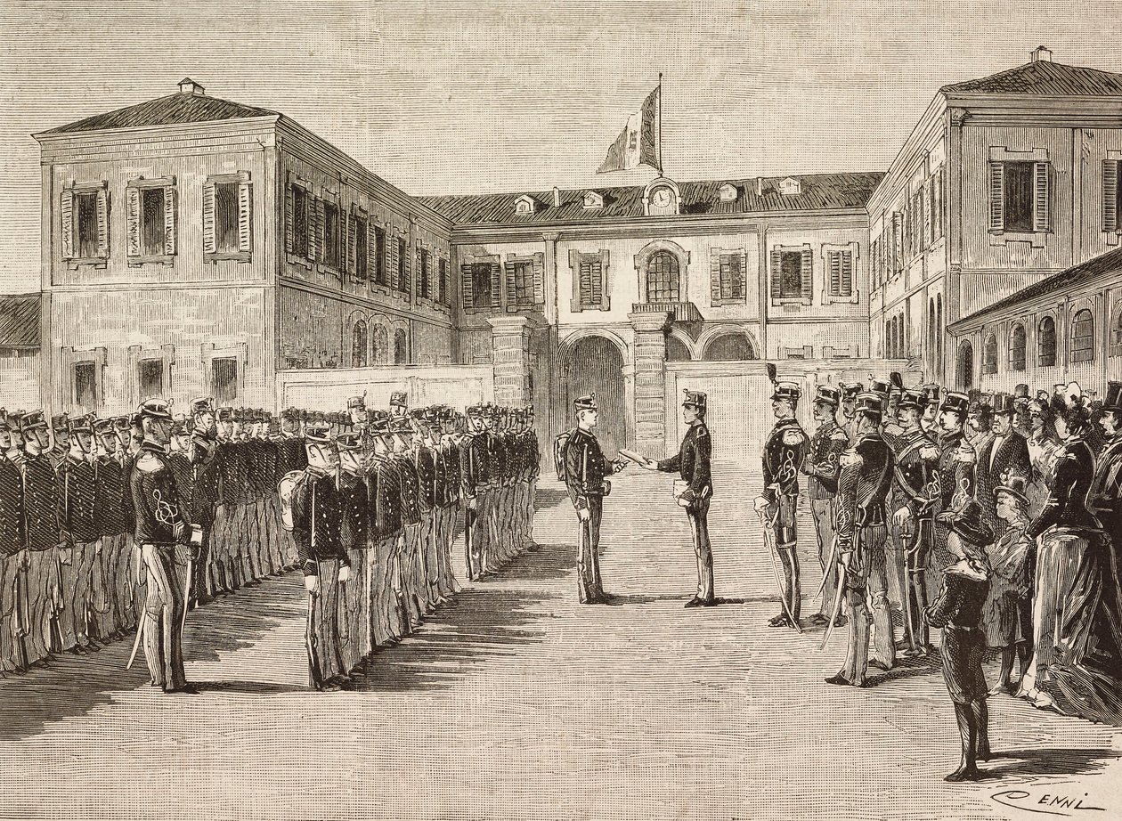 Prins Vittorio Emanuele (1870-1946), greve av Turin, ger examina till kadetter vid militärakademin i Milano, Italien, 14 mars av Quinto Cenni