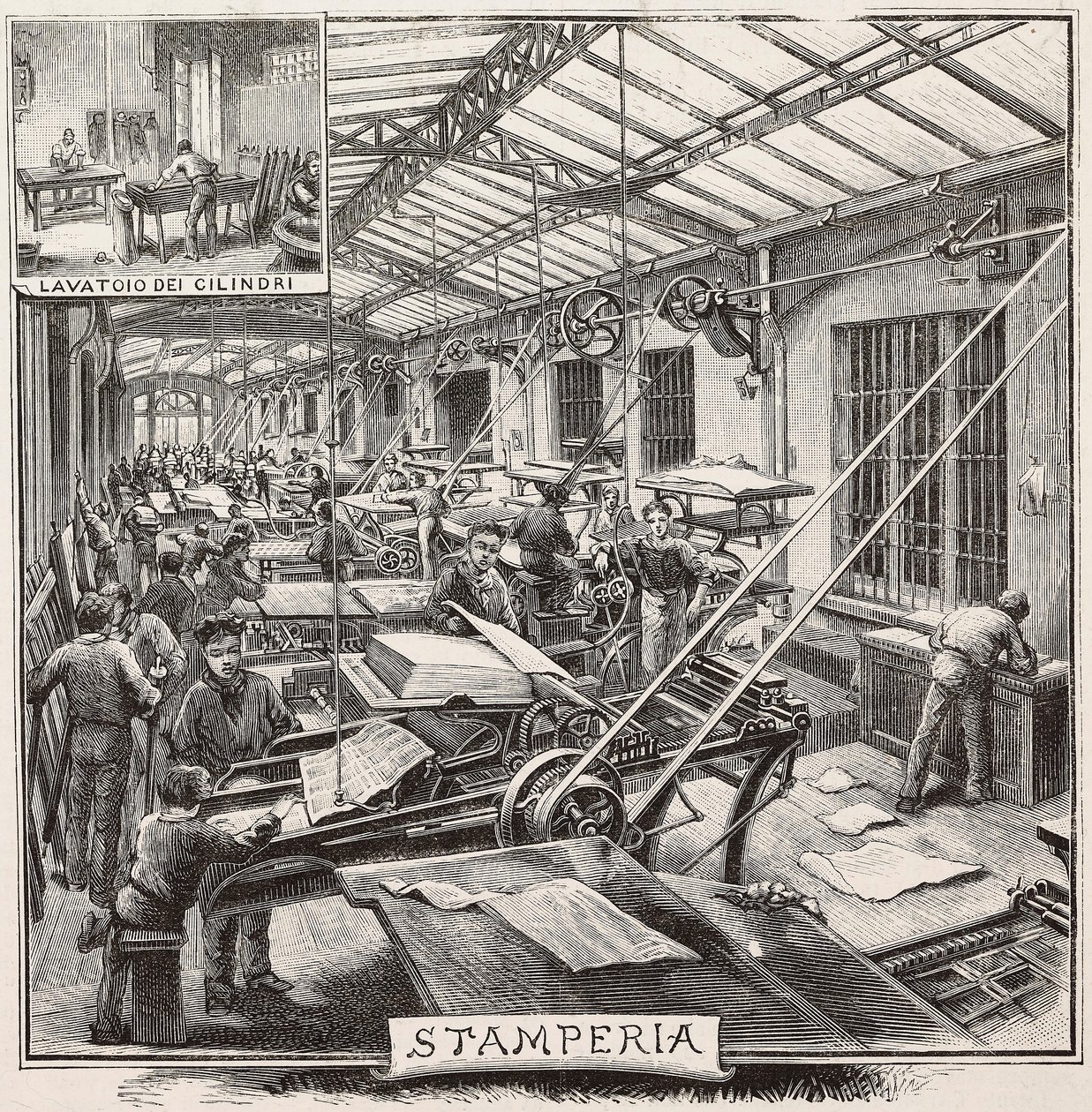 Tryckeri i Fratelli Treves förlag, Milano, Italien, gravyr från teckning av Quinto Cenni, från L