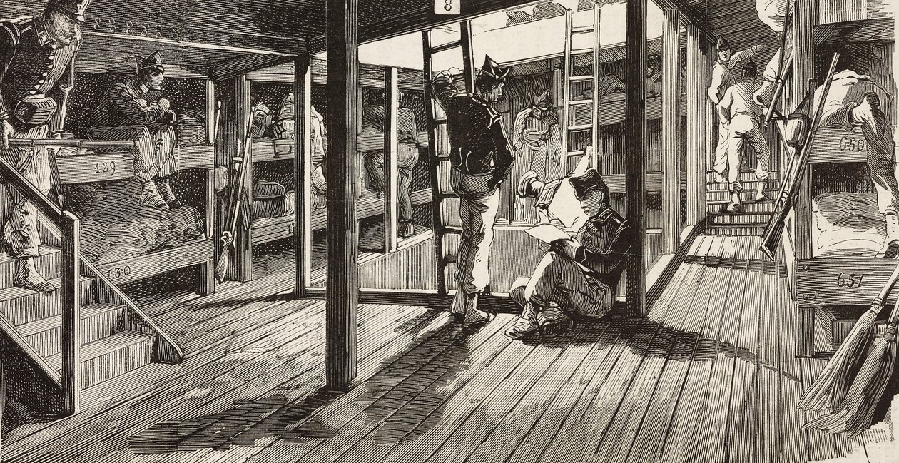 Soldater under däck i sovsal, fartyg Principe Amedeo, italiensk expedition i Röda havet, Italien, gravyr från teckning av Quinto Cenni och skiss av M Dal Don, från L