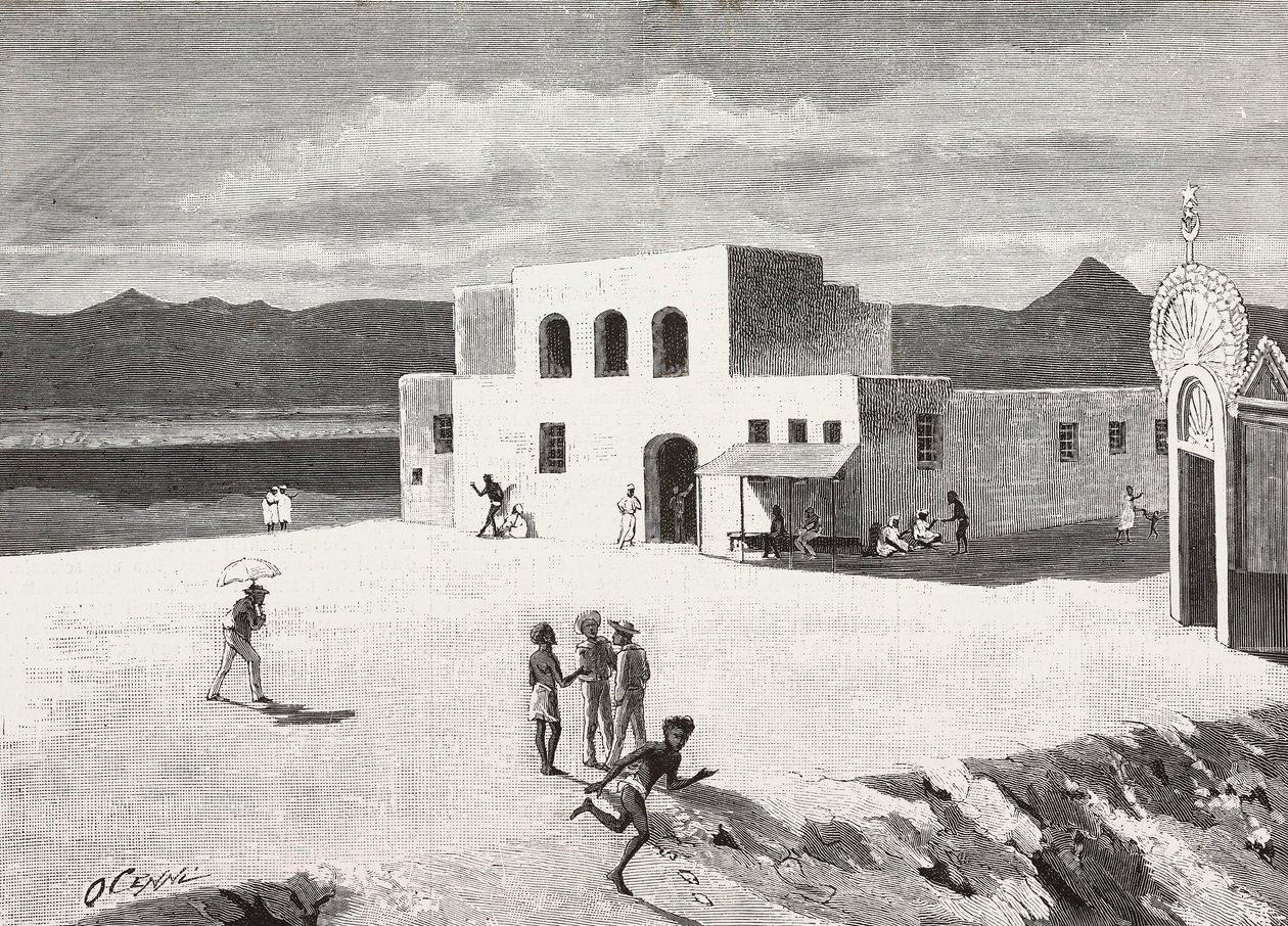 Den italienska postbyggnaden, Massawa, Eritrea, gravyr från en teckning av Quinto Cenni och en skiss av Pieragostini, från L