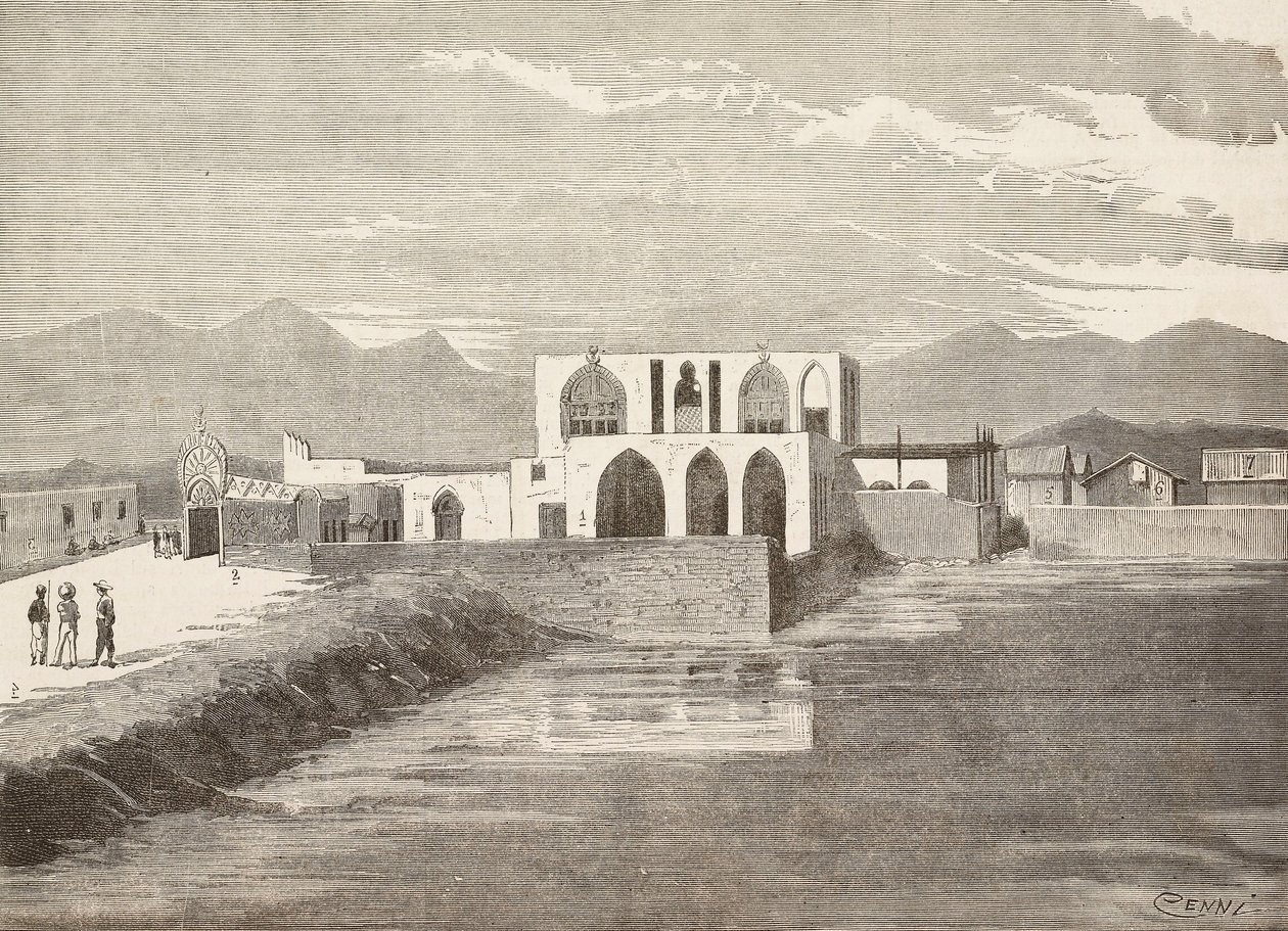 Den italienska viceguvernörens palats, Massawa, Eritrea, gravyr från en teckning av Quinto Cenni och en skiss av Pieragostini, från L