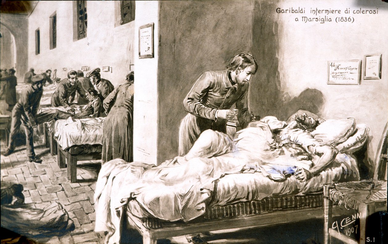 Den italienske patrioten Giuseppe Garibaldi (1807-1882) sjuksköterska, under namnet Pan-Borel (Pane Borel), till kolerapatienterna i Marseille 1836. Vykort från 1800-talets privata samling av Quinto Cenni