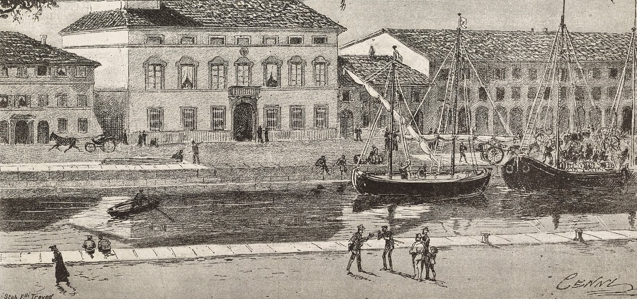 Rådhuset och hamnkanalen, Cesenatico, Italien, gravyr från en teckning av Quinto Cenni och en skiss av Ulisse Topi, från L