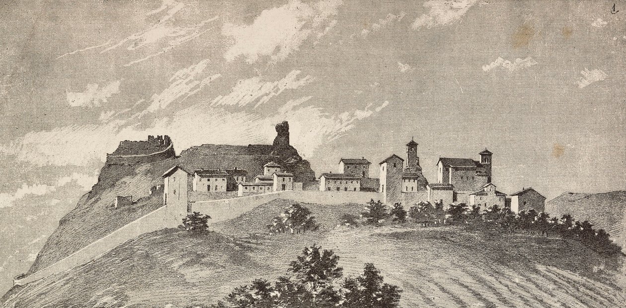 Staden San Giovanni i Galilea, Italien, gravyr från en teckning av Quinto Cenni och en skiss av Ulisse Topi, från L