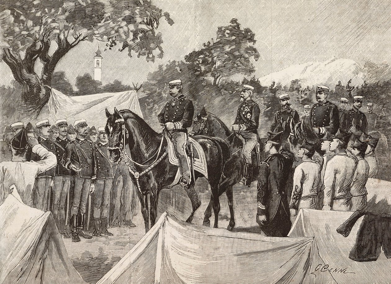 Umberto I (1844-1900), kung av Italien, med några officerare, på besök i militärläger, 11 september av Quinto Cenni