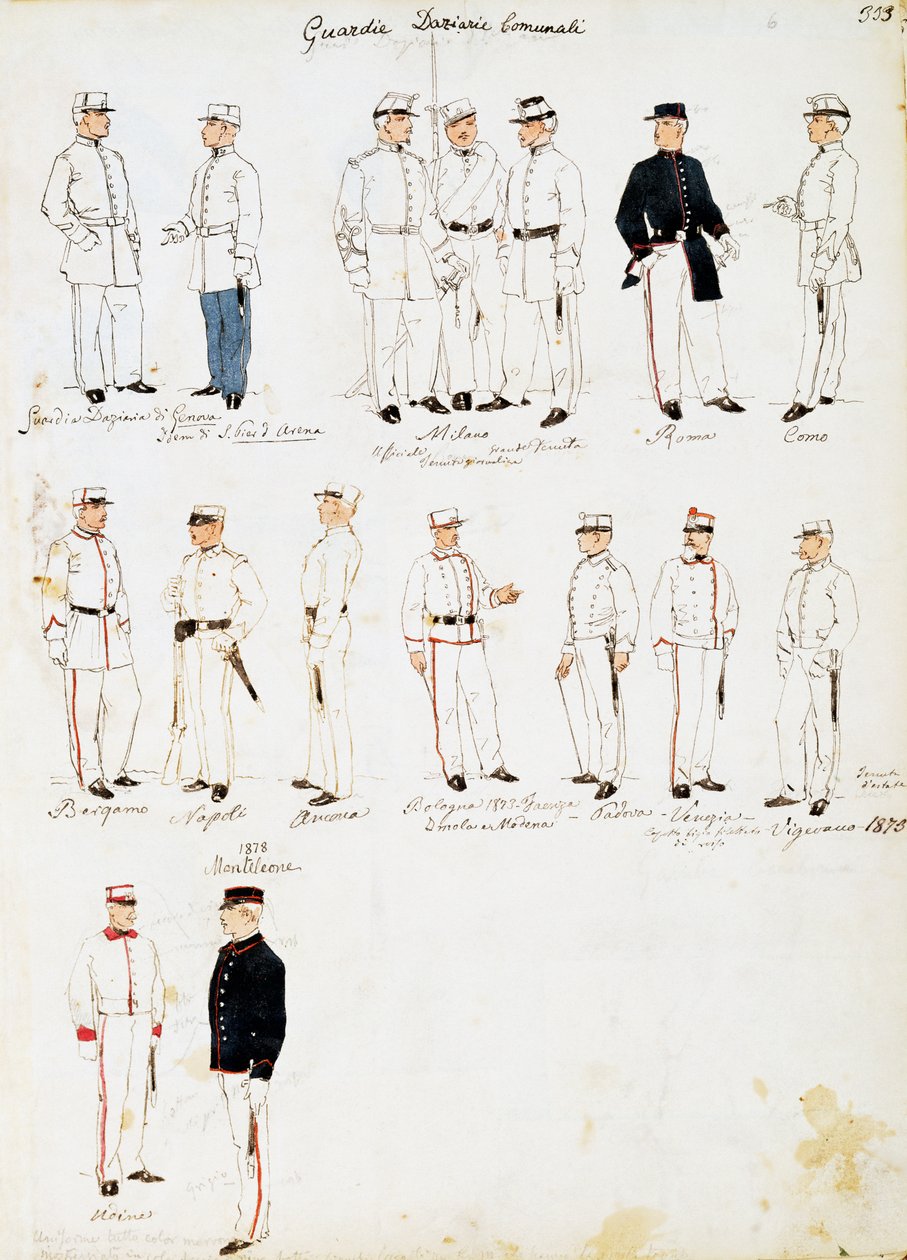 Uniformer of Custom guards of Kingdom of Italy mellan 1873-1878, tallrik från Cenni Codex, samling militärskisser i akvarell av Quinto Cenni