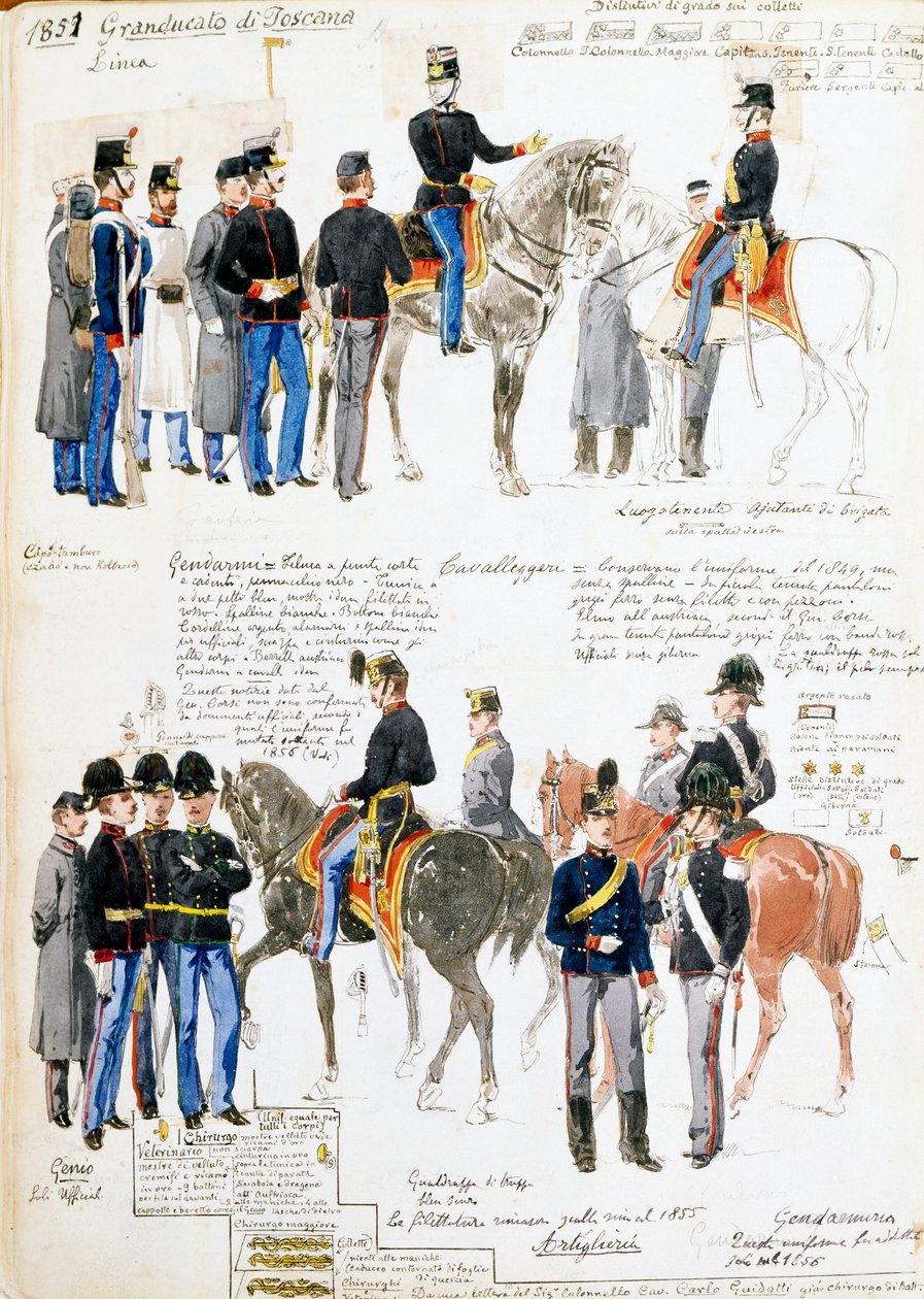 Uniformer av storhertigdömet Toscana 1851, plåt hämtad från Cenni codex, samling militärskisser tecknade av Quinto Cenni (1845-1917) av Quinto Cenni