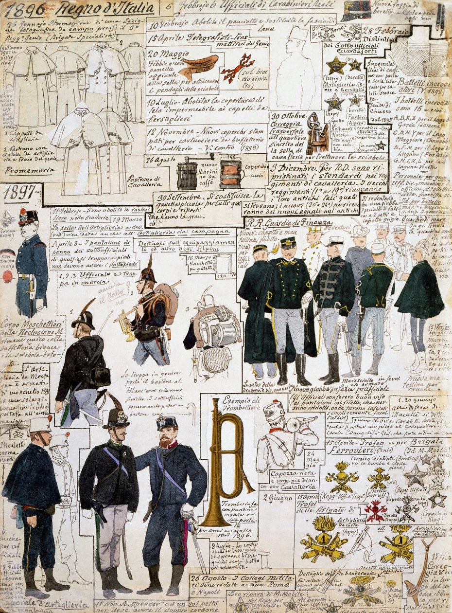 Uniformer of Kingdom of Italy mellan 1896 - 1897, tallrik från Cenni Codex, samling militärskisser i akvarell av Quinto Cenni