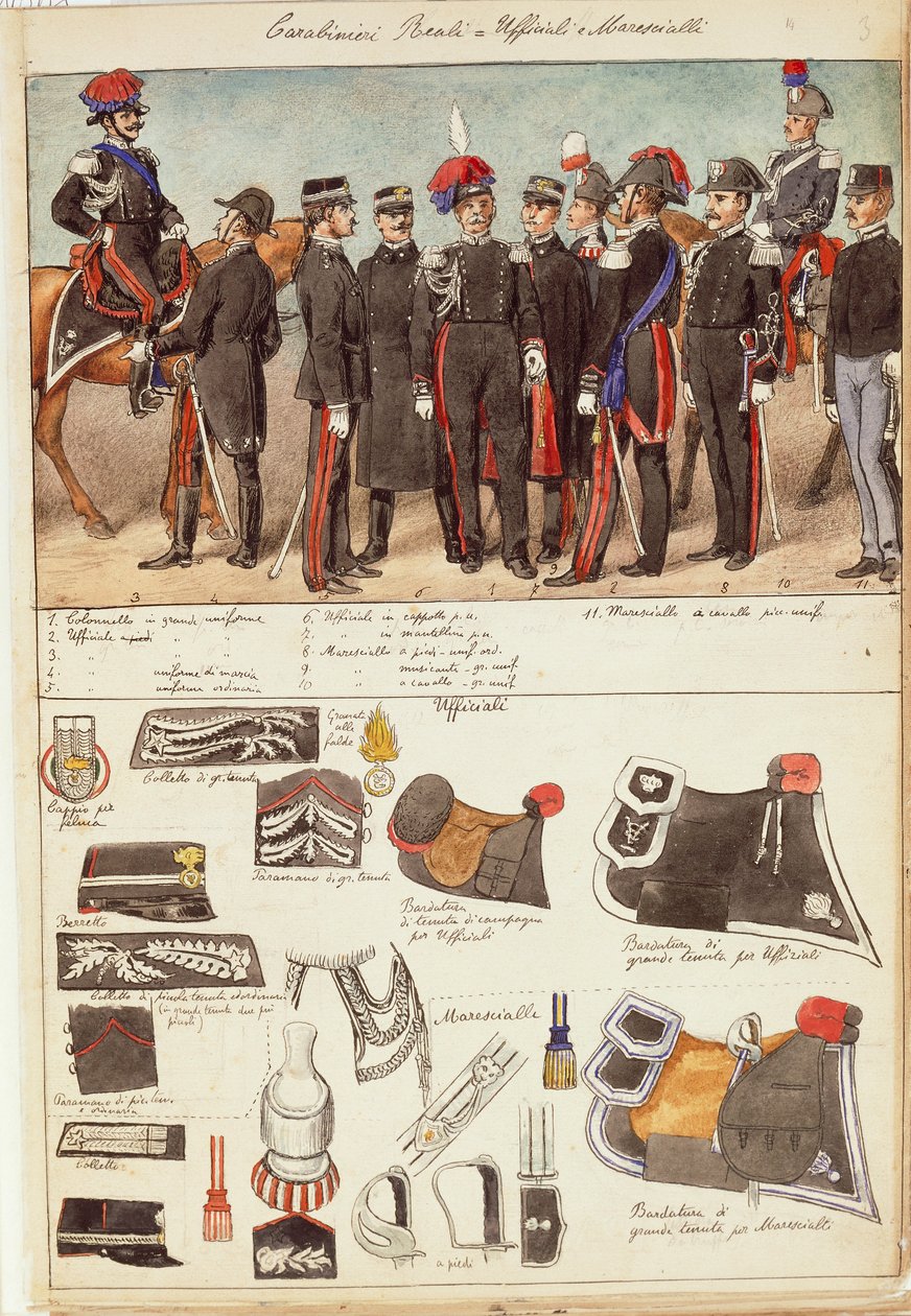Uniformer av Royal Carabinieri, officerare och underofficerare från kungariket Italien, färgplatta av Quinto Cenni av Quinto Cenni