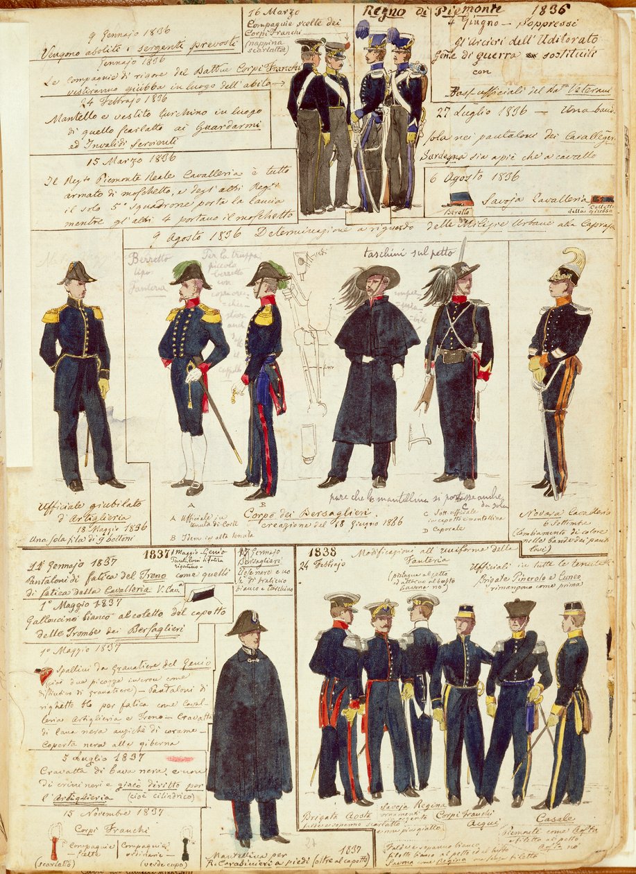 Uniformer från den piemontesiska armén mellan 1836 och 1886. Färgskylt av Cenni Quinto av Quinto Cenni