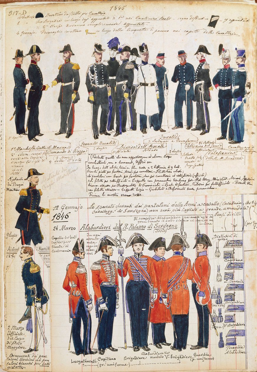 Uniformer från den piemontesiska armén från 1845-1846. Färgplatta av Cenni Quinto av Quinto Cenni