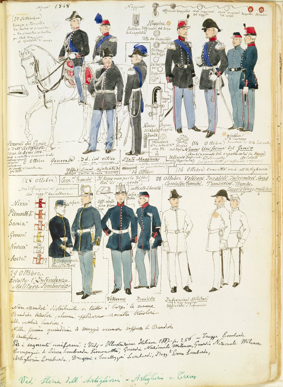 Uniformer av den piemontesiska armén från 1848. Färgskylt av Cenni Quinto av Quinto Cenni