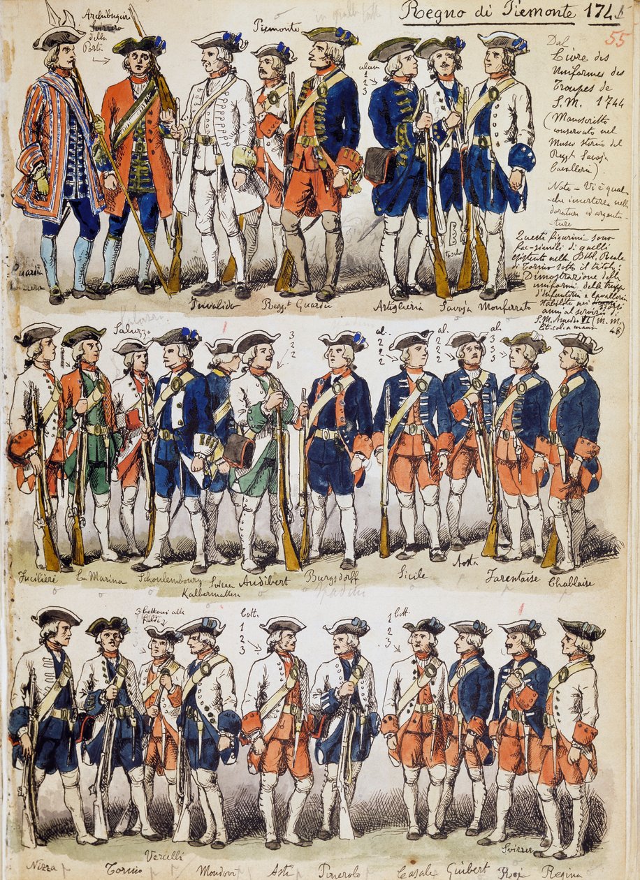 Uniformer av trupper från kungariket Piemonte 1744, plåt tagen från Cenni Codex, samling militärskisser tecknade av Quinto Cenni (1845-1917) av Quinto Cenni